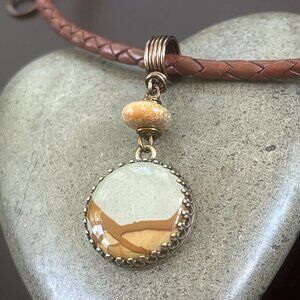 Braided Leather Necklace, Picture Jasper Pendant, Womens Mens Layering Necklace
